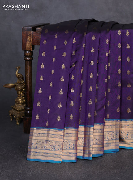 Kanchipuram silk saree deep violet and teal green with allover zari woven 1000 buttas and rich zari woven border
