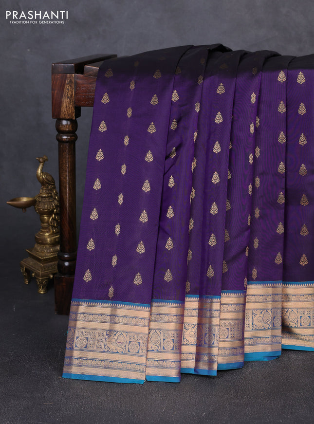 Kanchipuram silk saree deep violet and teal green with allover zari woven 1000 buttas and rich zari woven border