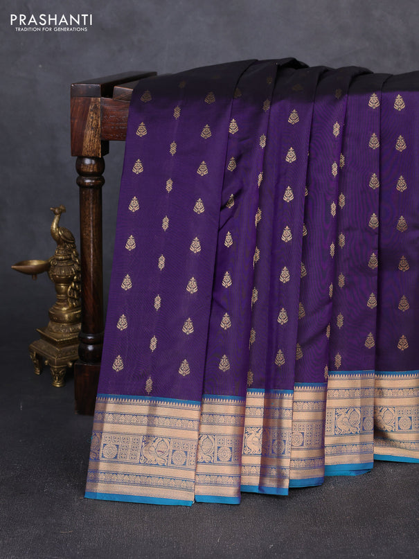 Kanchipuram silk saree deep violet and teal green with allover zari woven 1000 buttas and rich zari woven border