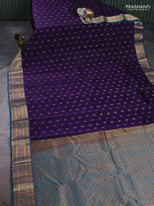 Kanchipuram silk saree deep violet and teal green with allover zari woven 1000 buttas and rich zari woven border