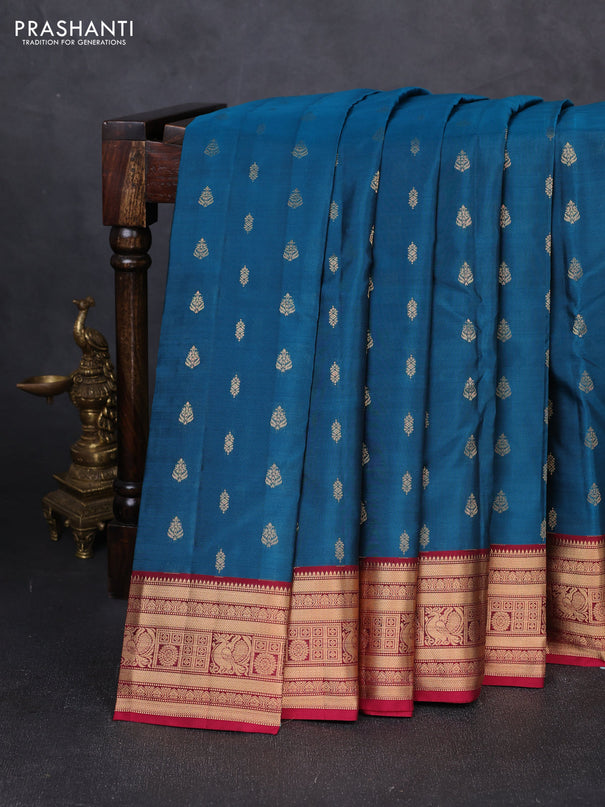Kanchipuram silk saree peacock blue and maroon with allover zari woven 1000 buttas and rich zari woven border