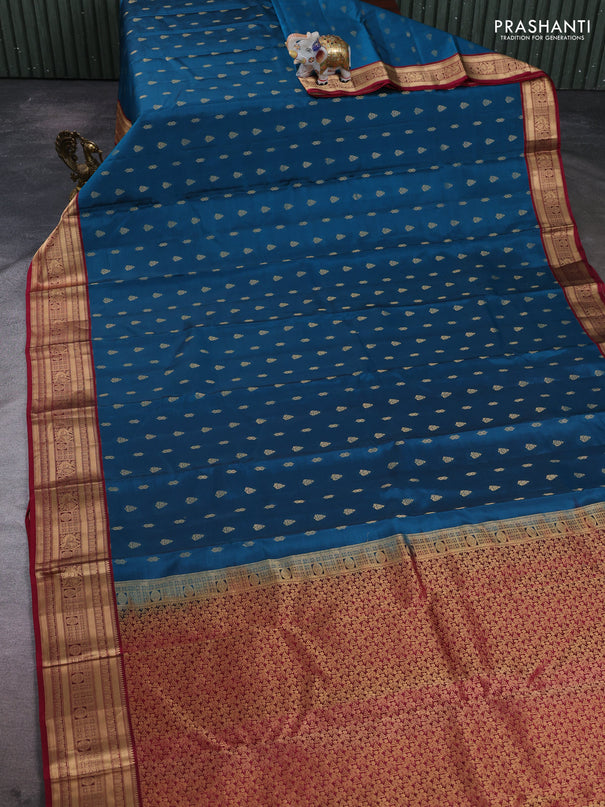 Kanchipuram silk saree peacock blue and maroon with allover zari woven 1000 buttas and rich zari woven border