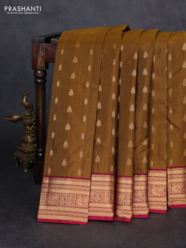 Kanchipuram silk saree dark mustard and pink with allover zari woven 1000 buttas and rich zari woven border
