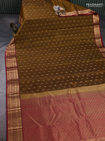 Kanchipuram silk saree dark mustard and pink with allover zari woven 1000 buttas and rich zari woven border