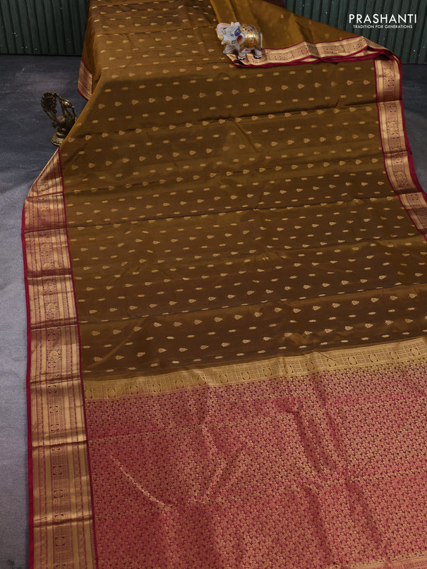 Kanchipuram silk saree dark mustard and pink with allover zari woven 1000 buttas and rich zari woven border