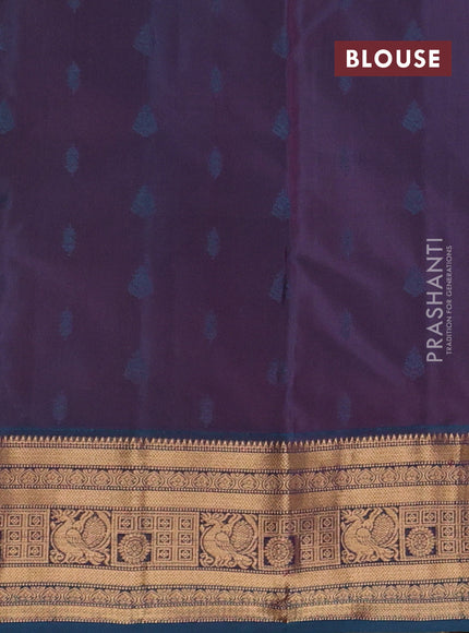 Kanchipuram silk saree dual shade of pinkish orange and dual shade of teal green with allover zari woven 1000 buttas and zari woven border