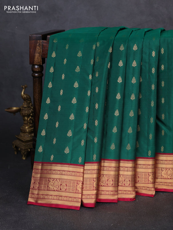 Kanchipuram silk saree green and reddish pink with allover zari woven 1000 buttas and rich zari woven border