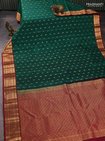 Kanchipuram silk saree green and reddish pink with allover zari woven 1000 buttas and rich zari woven border