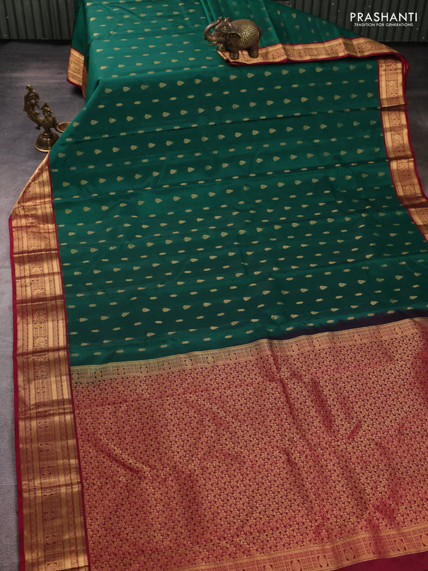 Kanchipuram silk saree green and reddish pink with allover zari woven 1000 buttas and rich zari woven border