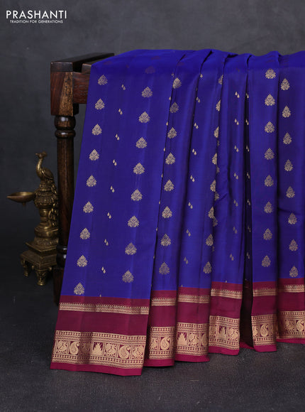 Kanchipuram silk saree blue and dark magenta pink with allover zari woven 1000 buttas and rettapet zari woven border