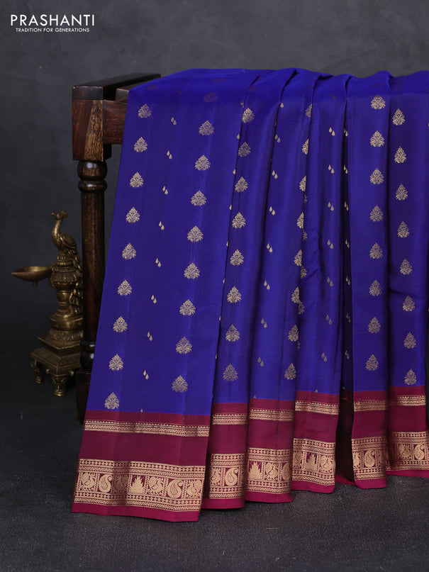 Kanchipuram silk saree blue and dark magenta pink with allover zari woven 1000 buttas and rettapet zari woven border