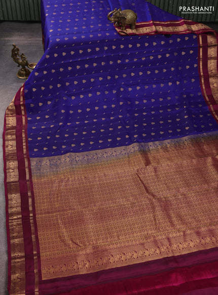 Kanchipuram silk saree blue and dark magenta pink with allover zari woven 1000 buttas and rettapet zari woven border