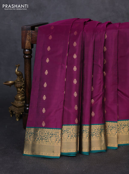 Kanchipuram silk saree purple and teal green with allover zari woven buttas and rich zari woven border