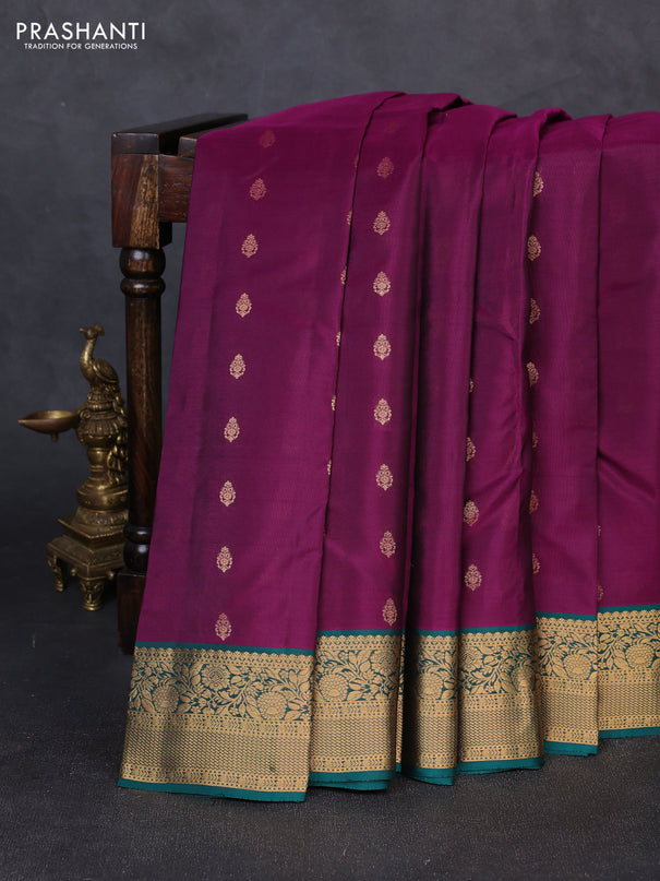 Kanchipuram silk saree purple and teal green with allover zari woven buttas and rich zari woven border