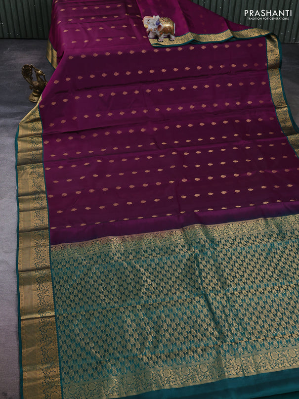 Kanchipuram silk saree purple and teal green with allover zari woven buttas and rich zari woven border