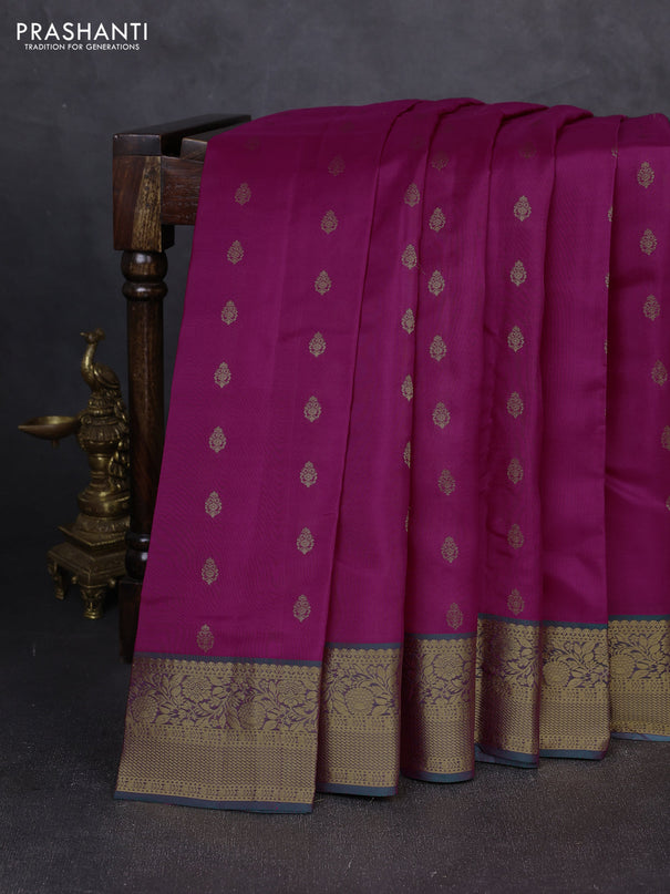 Kanchipuram silk saree rani pink and dual shade of green with allover zari woven buttas and rich zari woven border