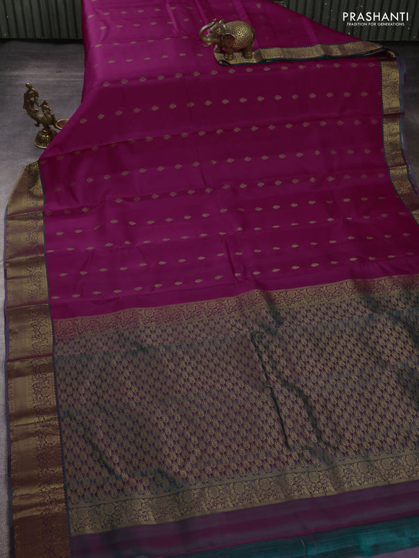 Kanchipuram silk saree rani pink and dual shade of green with allover zari woven buttas and rich zari woven border
