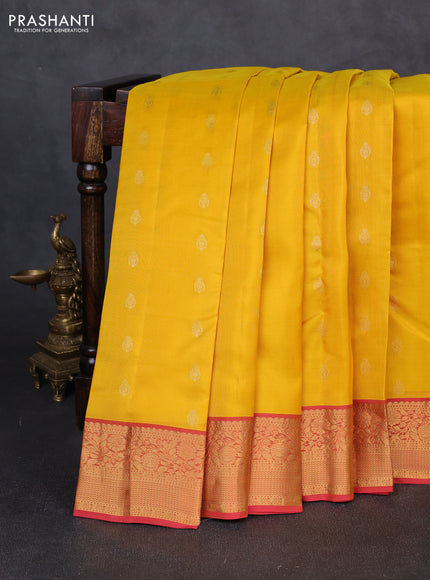 Kanchipuram silk saree yellow and dual shade of pink with allover zari woven buttas and rich zari woven border