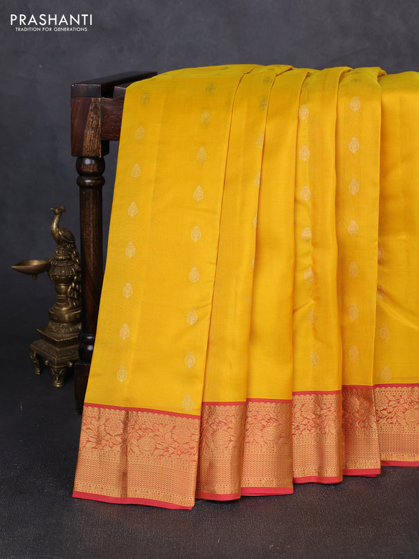 Kanchipuram silk saree yellow and dual shade of pink with allover zari woven buttas and rich zari woven border
