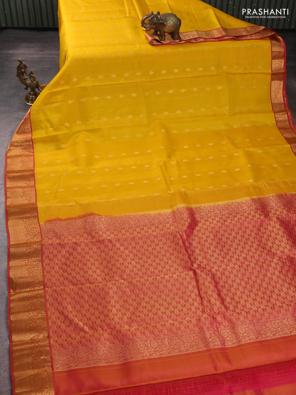 Kanchipuram silk saree yellow and dual shade of pink with allover zari woven buttas and rich zari woven border