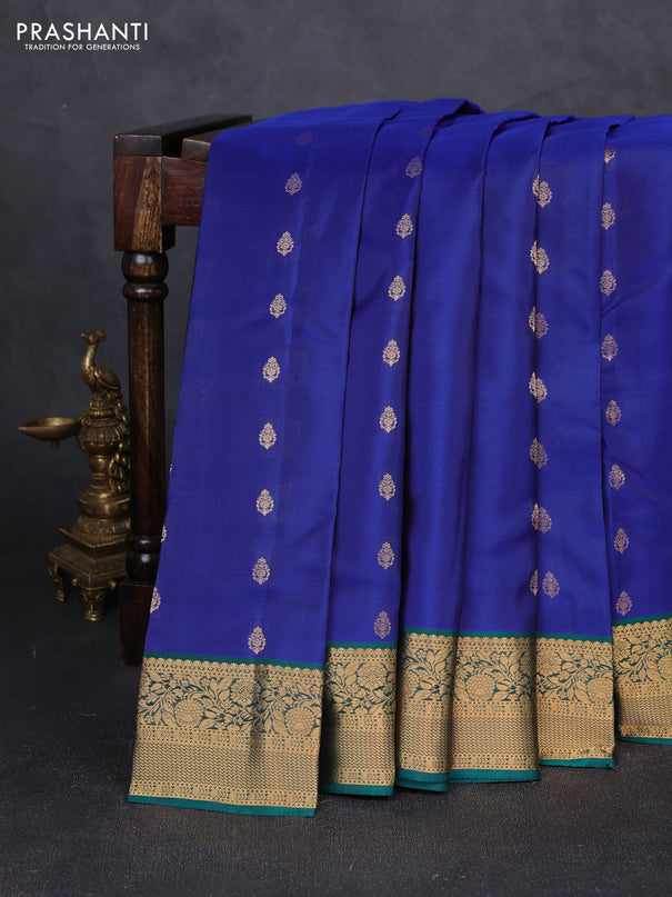 Kanchipuram silk saree blue and green with allover zari woven buttas and rich zari woven border