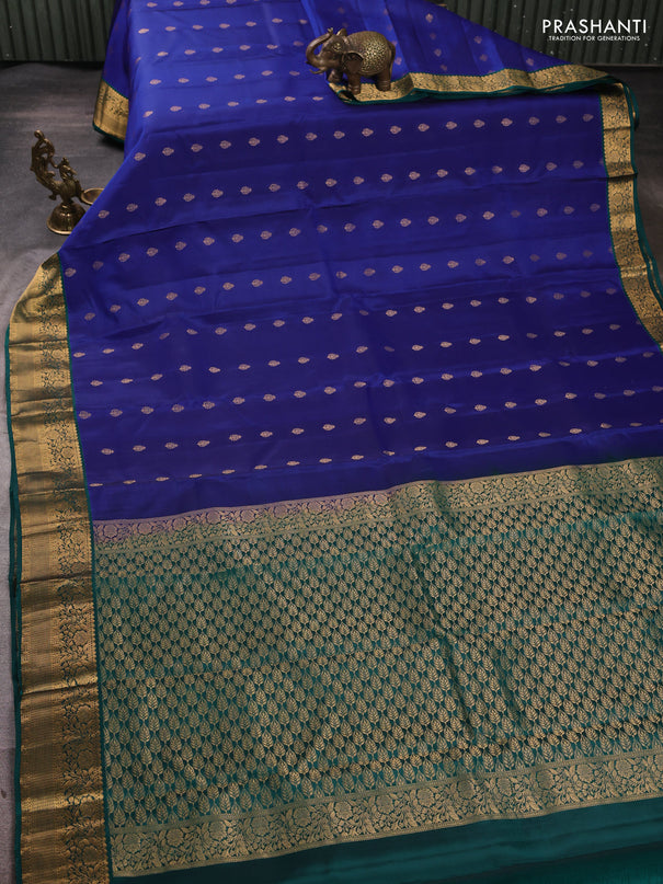 Kanchipuram silk saree blue and green with allover zari woven buttas and rich zari woven border