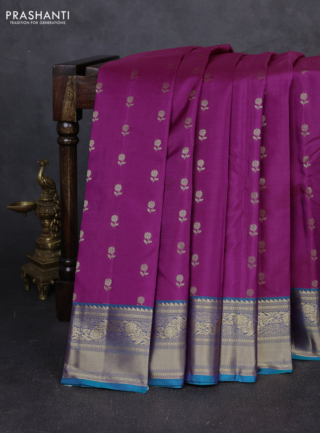 Kanchipuram silk saree purple and dual shade of teal green with allover zari woven 1000 buttas and rich zari woven border