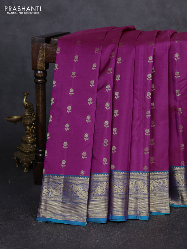 Kanchipuram silk saree purple and dual shade of teal green with allover zari woven 1000 buttas and rich zari woven border