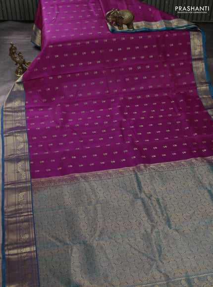 Kanchipuram silk saree purple and dual shade of teal green with allover zari woven 1000 buttas and rich zari woven border