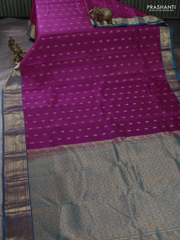 Kanchipuram silk saree purple and dual shade of teal green with allover zari woven 1000 buttas and rich zari woven border