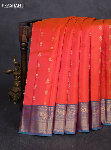 Kanchipuram silk saree dual shade of orange and teal green with allover zari woven 1000 buttas and rich zari woven border