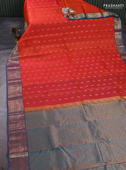 Kanchipuram silk saree dual shade of orange and teal green with allover zari woven 1000 buttas and rich zari woven border