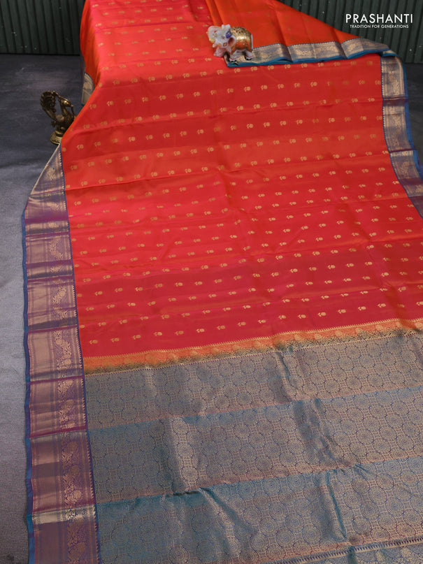 Kanchipuram silk saree dual shade of orange and teal green with allover zari woven 1000 buttas and rich zari woven border