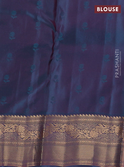 Kanchipuram silk saree dual shade of orange and teal green with allover zari woven 1000 buttas and rich zari woven border