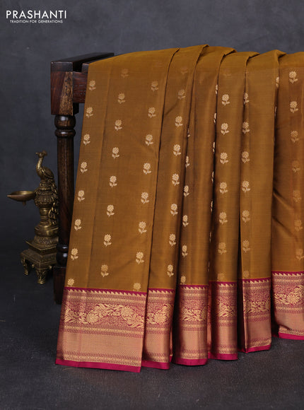 Kanchipuram silk saree dark mustard and dark pink with allover zari woven 1000 buttas and rich zari woven border