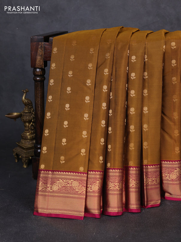 Kanchipuram silk saree dark mustard and dark pink with allover zari woven 1000 buttas and rich zari woven border