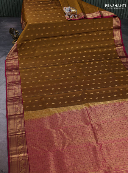 Kanchipuram silk saree dark mustard and dark pink with allover zari woven 1000 buttas and rich zari woven border
