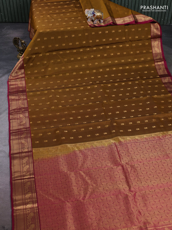 Kanchipuram silk saree dark mustard and dark pink with allover zari woven 1000 buttas and rich zari woven border