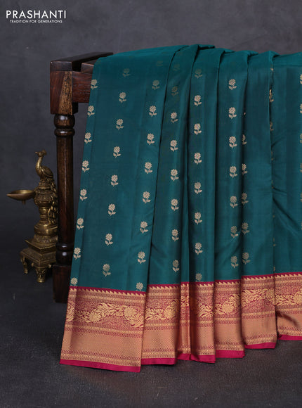 Kanchipuram silk saree teal green and magenta pink with allover zari woven 1000 buttas and rich zari woven border