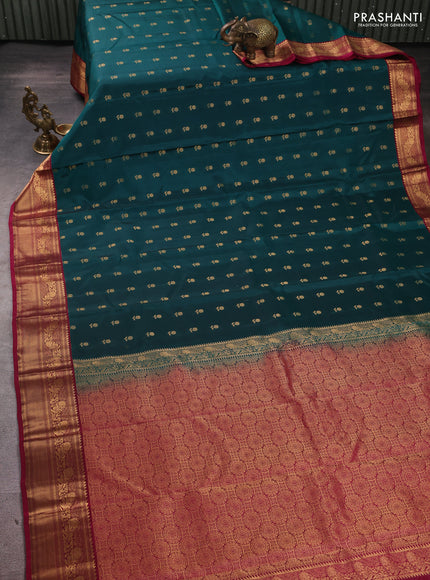 Kanchipuram silk saree teal green and magenta pink with allover zari woven 1000 buttas and rich zari woven border