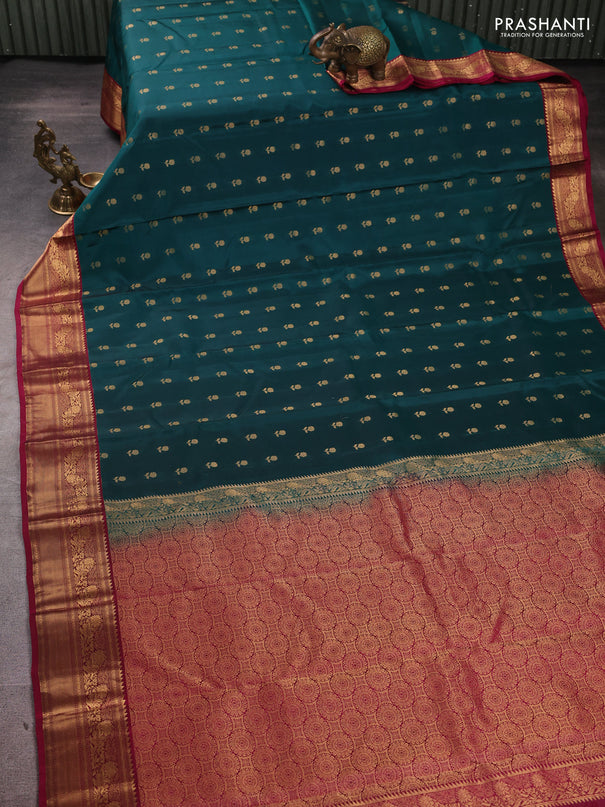 Kanchipuram silk saree teal green and magenta pink with allover zari woven 1000 buttas and rich zari woven border