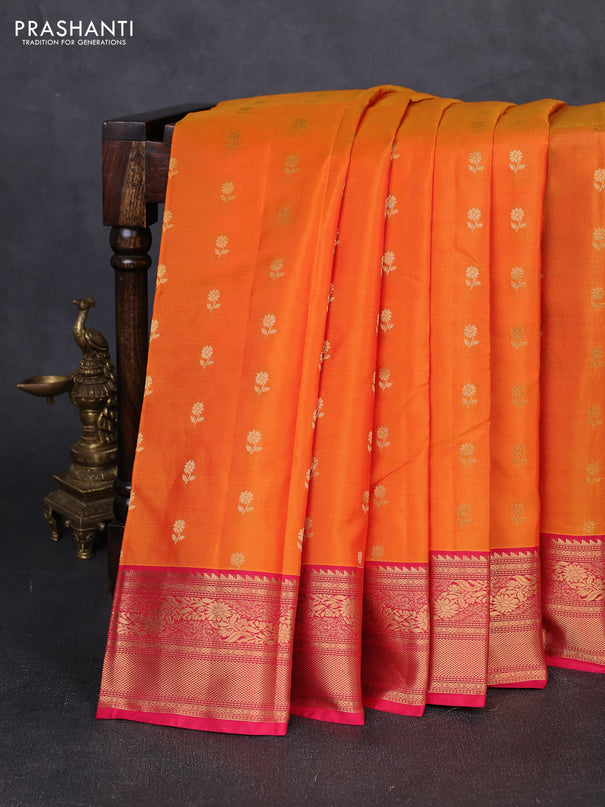Kanchipuram silk saree mango yellow and pink with allover zari woven 1000 buttas and rich zari woven border