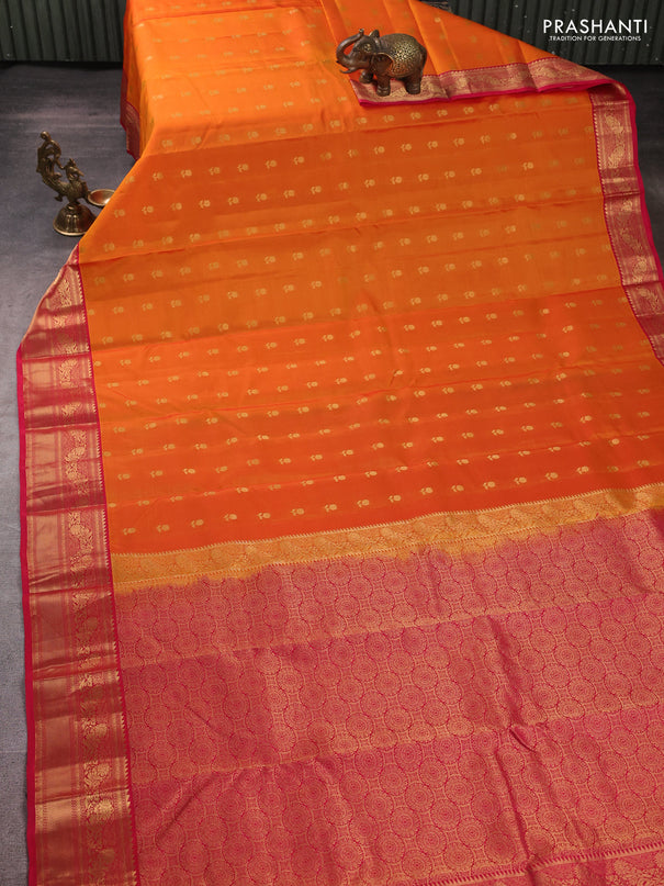 Kanchipuram silk saree mango yellow and pink with allover zari woven 1000 buttas and rich zari woven border