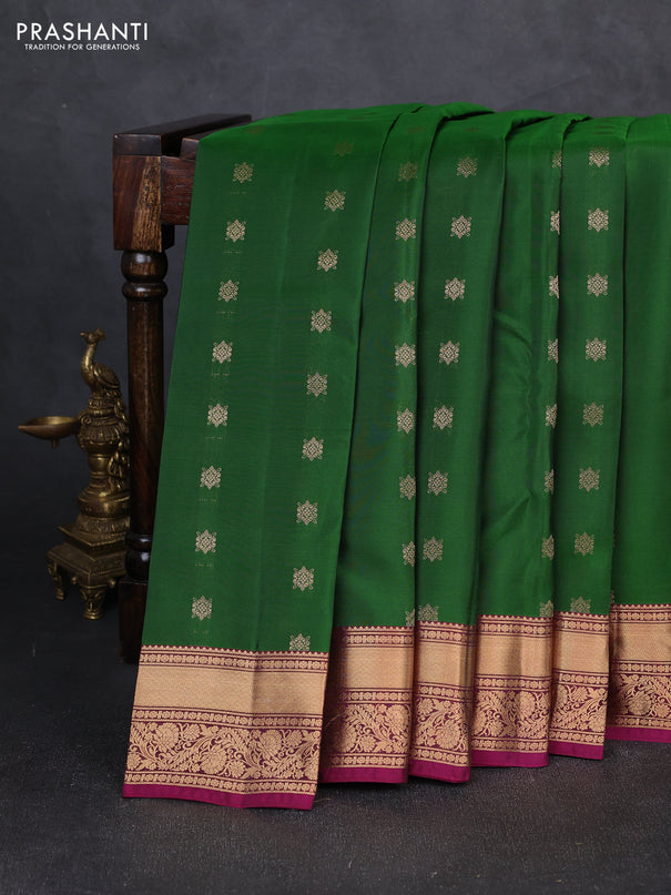 Kanchipuram silk saree green and dark magenta pink with allover zari woven buttas and rich zari woven border