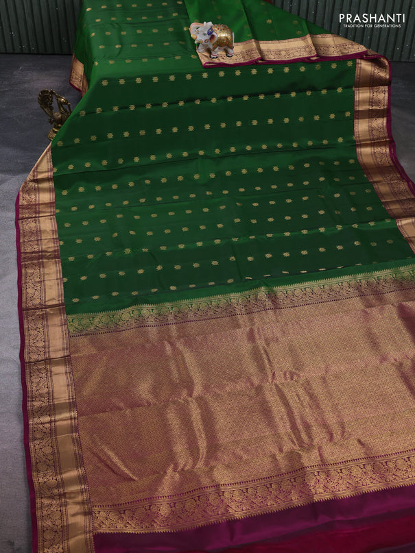 Kanchipuram silk saree green and dark magenta pink with allover zari woven buttas and rich zari woven border