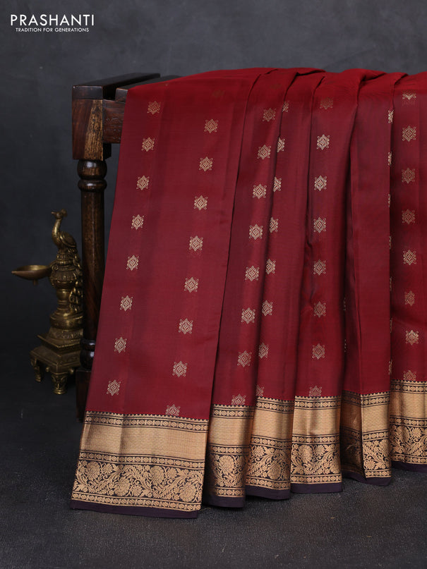Kanchipuram silk saree maroon and deep jamun shade with allover zari woven buttas and rich zari woven border