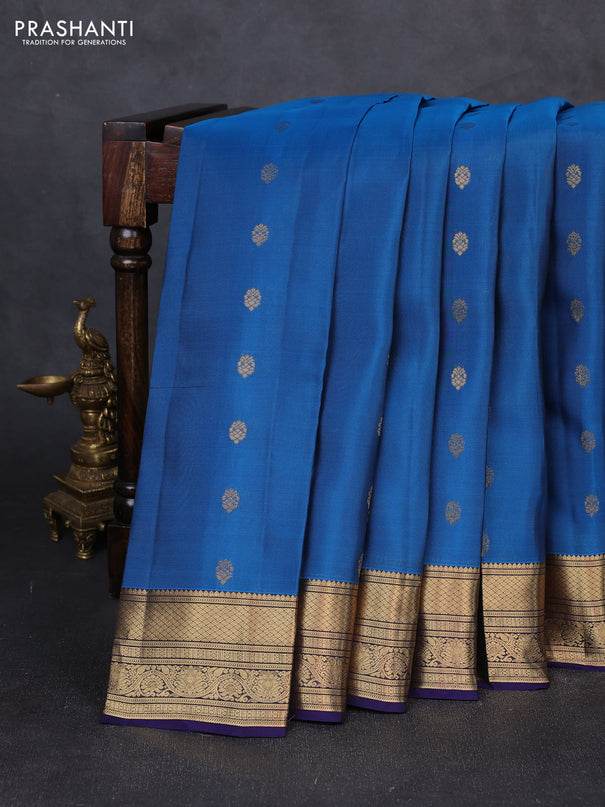 Kanchipuram silk saree cs blue and dark blue with allover zari woven buttas and rich zari woven border