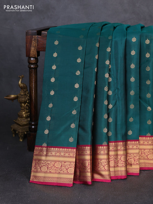Kanchipuram silk saree peacock green and magenta pink with allover zari woven 1000 buttas and rich zari woven border