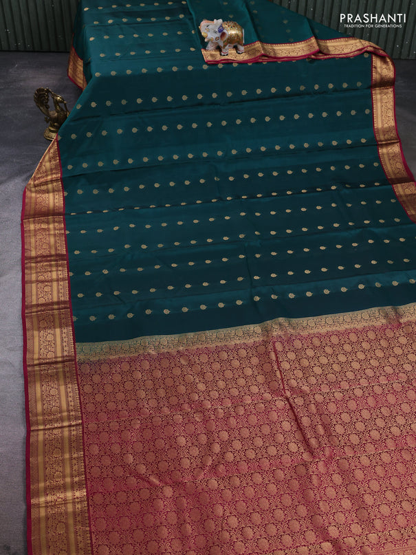 Kanchipuram silk saree peacock green and magenta pink with allover zari woven 1000 buttas and rich zari woven border