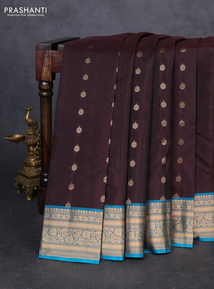 Kanchipuram silk saree coffee brown and cs blue with allover zari woven 1000 buttas and rich zari woven border